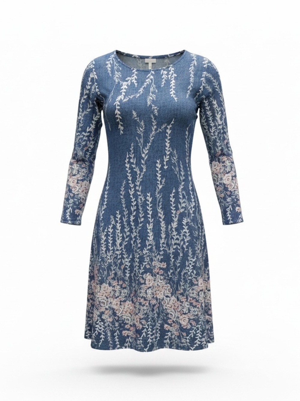 Blue Floral Vine-Print Long Sleeve Dress - Feminine Everyday Wear